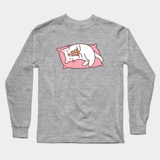 Cute White Cat Eating Pizza On Pillow Long Sleeve T-Shirt